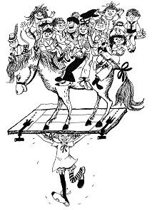 Pippi trägt das Pferd und alle Kinder
                      zusammen umher
