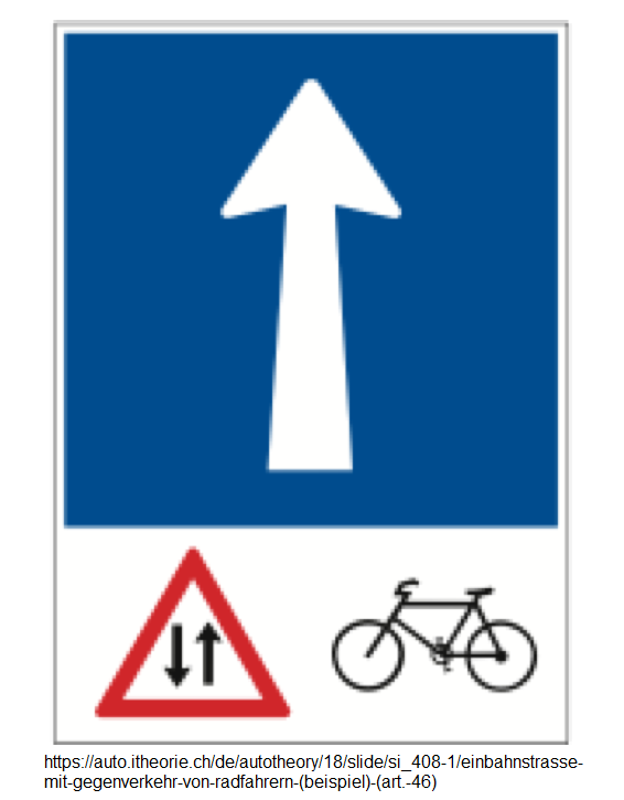 9. Hinweissignal:
                              Einbahnstrasse mit Gegenverkehr von
                              Radfahrern (Beispiel) (Art. 46)