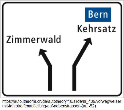40. Vorwegweiser mit
                          Fahrstreifenaufteilung auf Nebenstrassen,
                          Ziele Zimmerwald, Kehrsatz, Bern (Art. 52)