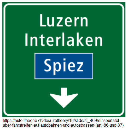 78.
                          Hinweistafel auf der Autobahn: Einspurtafel
                          über Fahrstreifen auf Autobahnen und
                          Autostrassen, Beispiel: Luzern, Interlaken,
                          Spiez (Art. 86 und 87)