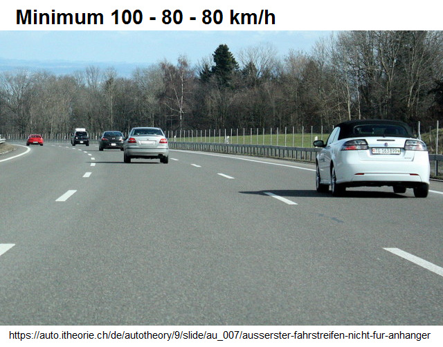 4.
                                Die äusserste Fahrspur bei 3 Spuren:
                                Mindestgeschwindigkeit 100 km/h - keine
                                Lastwagen und Anhänger