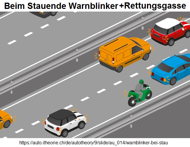 17. Bei Stau auf
                            Autobahnen und Autostrassen: Warnblinker und
                            sofort Rettungsgasse bilden