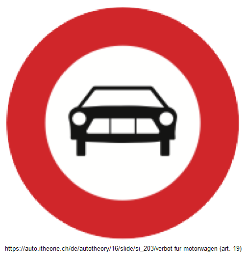 3.
                              Verbotssignal: Verbot für Motorwagen:
                              Autos, Lastwagen, Autobus, Moto mit
                              Seitenwagen (Art. 19)