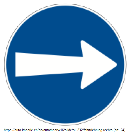 28. Blaues Vorschriftssignal:
                          Obligatorische Fartrichtung nach rechts (Art.
                          24)