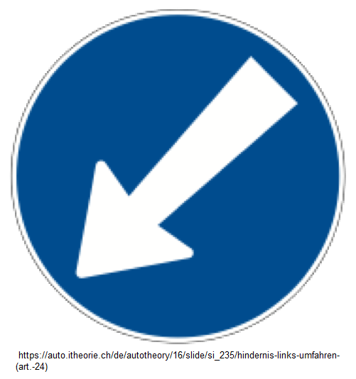 31. Blaues
                          Vorschriftssignal: Hindernis links umfahren
                          (Art. 24)
