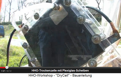Eine Knallgas-Trockenzelle
                          (HHO-Trockenzelle) mit Plexiglasscheiben