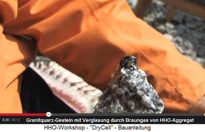 Der quarzhaltige Granit mit seiner
                          verglasten Stelle durch das HHO-Gas / Braungas
                          / Knallgas