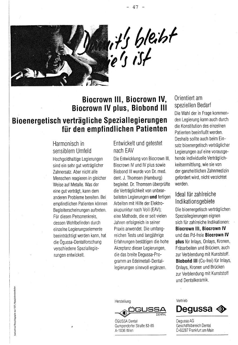 Werbungsanzeige von �gussa und
                                    Degussa f�r Goldf�llungen f�r
                                    Patienten, die auf Amalgam sensibel
                                    reagieren