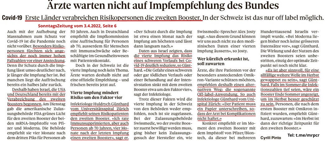 T�ter Mossad-Presse
                    in der Schweiz: Die Sonntagszeitung 3.4.2022: macht
                    GENimpfwerbung f�r 4. t�dliche GENimpfung: �rzte
                    warten nicht auf Impfempfehlung des Bundes