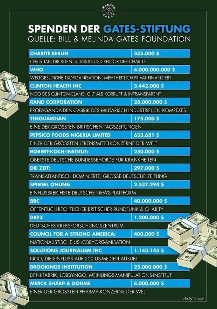 Krimineller Bill Gates 28.11.2023: schmiert mit
                    seiner Stiftung Firmen und Medien - eine Liste
