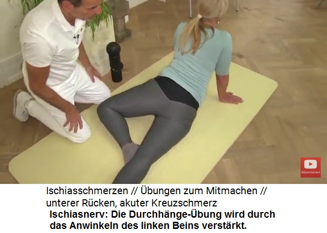 Den Unterleib f�r den
                      Ischiasnerv entspannen: Die Durchh�nge�bung mit
                      dem linken Bein angewinkelt ist eine Variation der
                      Spannung
