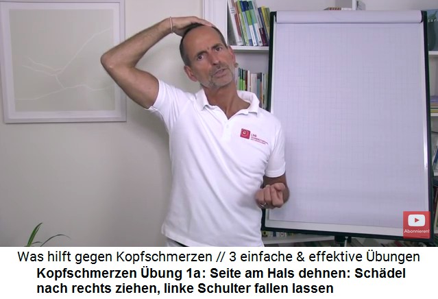 Kopfschmerzen Video 2
                        �bung 1a: Die linke Hals-Seite dehnen: Sch�del
                        nach rechts ziehen, linke Schulter fallenlassen