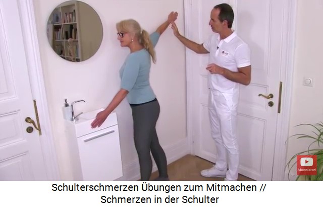 �bung 2 gegen Schulterschmerzen:
                  Schulterdehnung nach aussen an einer Wand mit dem Arm
                  30 Grad nach oben gestreckt (30-Grad-Winkel)