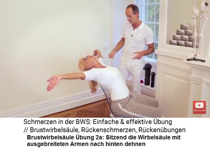 Brustwirbels�ule Video 2
                      �bung 2a: Sitzend wird die Wirbels�ule nach hinten
                      gedehnt, bis der Kopf waagrecht schwebt, und eine
                      zweite Person zieht die Arme etwas zusammen, so
                      dass es im Brustbereich noch mehr in die Breite
                      "zieht"