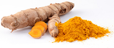 Kurkumawurzel mit Kurkumapulver