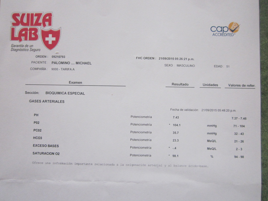 El reporte del
                      laboratorio "Suiza Lab" en Lima del 21
                      de septiembre 2015 con un valor pH7,43 en la
                      sangre