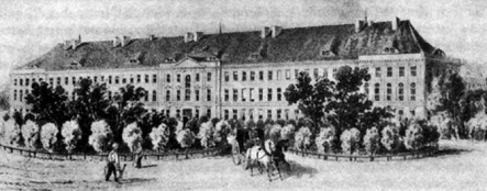 "Charit�" hospital in Berlin (here a
                photo of about 1850 [3]) was a big European hospital,
                first founded as a pestilence house, then joined with
                Humboldt university [web02].