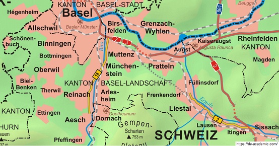 Karte mit den
                    vergewaltigten Fl�ssen Birs und Ergolz im Kanton
                    Basel-Land: begradigt, kanalisiert und mit
                    Autobahnen versehen