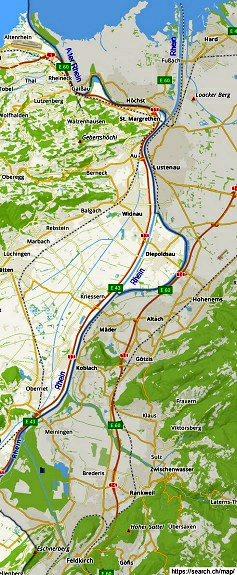 Karte mit dem vergewaltigen Rhein
                    zwischen Feldkirch und Bodenseem�ndung - mit
                    Autobahn vergewaltigt