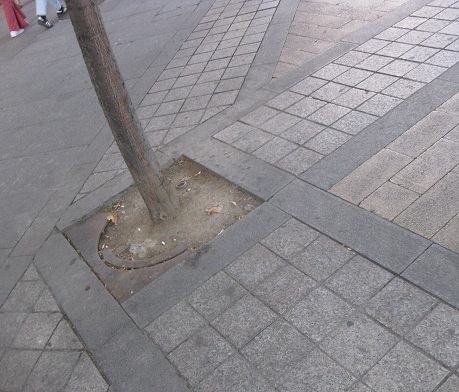 Platzbereich in
                        gelben+grauen Gartensteinen mit dunkelgrauen
                        Granitb�ndern 03, Ecke mit Baum