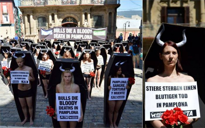 Demonstration gegen Stierkampf
              und Stierhatz in Pamplona 2013