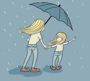 Zwei Kinder
                    mit Regenschirm