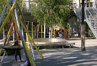 Protecci�n de �rboles 03 con una estera
                            alrededor de un �rbol en la planta Dreirosen
                            ("Tres Rosas") en Basilea