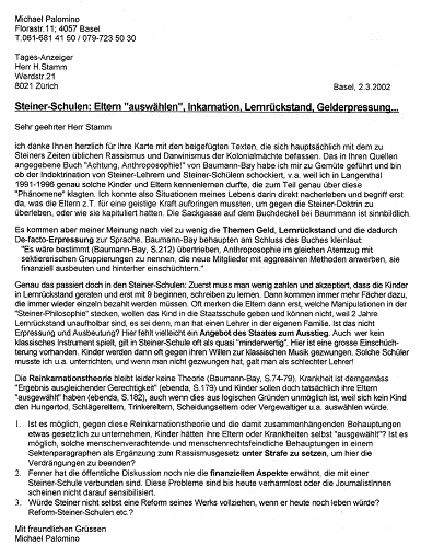 Anfrage von Palomino an Hugo Stamm 02
                          wegen des Buchs von Baumann-Bay und den
                          kriminellen Steiner-Eltern, 2.3.2002