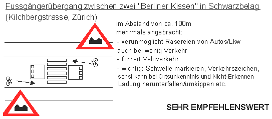 Fussg�nger�bergang zwischen
                          zwei "Berliner Kissen" in
                          Schwarzbelag, Kilchbergstrasse Z�rich