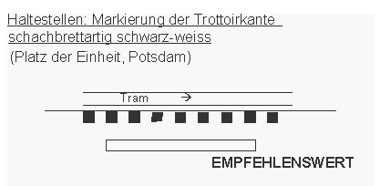 Haltestelle,
                    Tramhaltestelle: Markierung der Trottoirkante,
                    schachbrettartig schwarz-weiss, als Gefahrenzone.
                    Beispiel: Potsdam