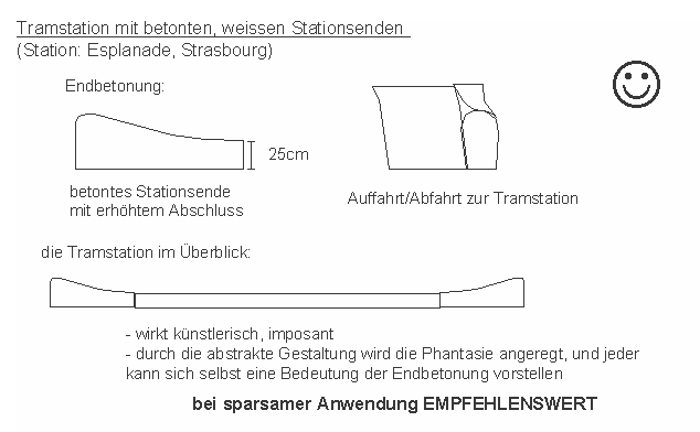 Strassburg / Strasbourg:
                    Tramhaltestelle mit weissen, angehobenen
                    Stationsenden: Station Esplanade