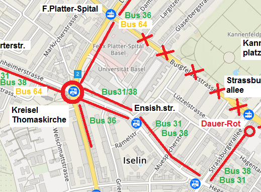 Karte Basel
                            mit Thomaskreisel: Dauerstau ohne Regelung
                            zu Spitzenzeiten - Buslinien 31,36,38 und 64
                            sind blockiert - feministischer WAHNSINN!