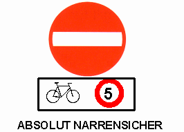 Verkehrsschild
                        Einbahnstrasse (falsche Richtung), mit der
                        Erg�nzung: Velo / Fahrrad erlaubt bei Tempo 5
