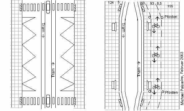 Vorschlag
                                                          eines Umbaus
                                                          einer
                                                          Tramstation,
                                                          die nachher
                                                          zur
                                                          Fussg�ngerzone
                                                          wird, mit
                                                          Zweirichtungs-Veloweg
                                                          an einer Seite
                                                          hinter dem
                                                          Tramh�uschen
                                                          hindurch