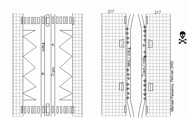 Umbau
                                                          einer
                                                          Tramstation in
                                                          einer Strasse,
                                                          die
                                                          Fussg�ngerzone
                                                          wird: Die
                                                          Tramschienen
                                                          werden an den
                                                          Trottoirrand
                                                          der
                                                          Kaphaltestelle
                                                          verschwenkt,
                                                          die Velos /
                                                          Fahrr�der
                                                          werden in die
                                                          Tramschienen
                                                          gejagt.